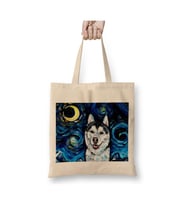 Dog Husky Night Köpek Beyaz Bez Çanta Uzun Saplı Alışveriş Çantası Plaj Çantası
