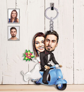 Kişiye Özel Vespa Motorcu Sevgili Karikatürlü Ahşap Anahtarlık  Mod-4-Eco