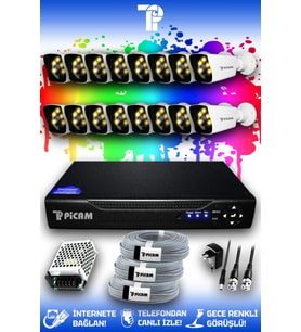 PICAM 16 Kameralı Kare 16 Dış Kamera Set HDD'siz Full HD Renkli Gece Görüşlü Güvenlik Kamerası Sistemi