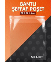 Bantlı Şeffaf Poşet (20x25+5cm)   50 Adet Parlak Jelatin Paket Hediye Poşeti -T1019 (Renksiz)