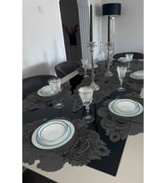 Amerikan Servis, 1 Runner 6 Supla Yemek Servis Takımı, Masa Örtüsü Seti, Servis Sunum Seti - Siyah