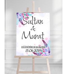Söz Nişan Düğün İçin 50x70 Karşılama Panosu - Mor Renkli Çiçek Temalı