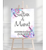 Söz Nişan Düğün İçin 50x70 Karşılama Panosu - Mor Renkli Çiçek Temalı