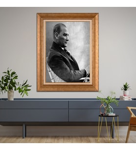 Altın Varaklı Çerçeveli Paspartulu Atatürk Tablo z4564 (Gold)