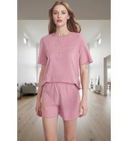 Kadın Örme Pijama Takımı Regular Kalıp Kısa Kol Boru Paça Premium Kalite Şık Görünüm (Gül Kurusu)