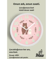 İsme Özel Sevimli Tavşan ve Ayı Çocuk Odası Duvar Saati Orta Boy 30 cm Beyaz Camlı Sessiz