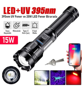 Valkyrie 15W LED + UV El Feneri 1200mAh Şarjlı 9 Mod Zoom Powerbank Özellikli Suya Dayanıklı Fener (Siyah)
