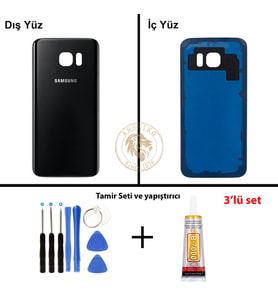 Samsung Galaxy S7 Siyah Renk Arka Kapak + Tamir Seti + B7000 Yapıştırıcı Arka Cam Batarya Kapağı Pil Kapağı Lazer Kesim Back Cover Galaxy S7 Uyumlu