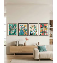 Renkli Modern Geometrik Kedi Desenli 4’lü Ahşap Çerçeveli Tablo Seti