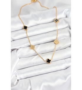 316L Çelik Zincir Gold Renk Siyah ve Zirkon Taşlı Baby Boy Yonca Kadın Kolye 588 - HPSBYI3442-4