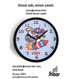 İsme Özel Roketli Kovboy Rakun Çocuk Odası Duvar Saati Orta Boy 30 cm Siyah Camlı Sessiz