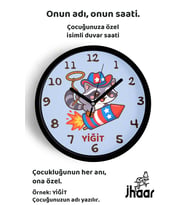 İsme Özel Roketli Kovboy Rakun Çocuk Odası Duvar Saati Orta Boy 30 cm Siyah Camlı Sessiz