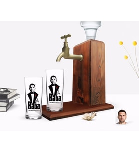 BK Gift Kişiye Özel Renkli Baskılı Godfather Baba Tasarımlı İkili Rakı Bardağı ve Ahşap Rakı Standı Hediye Seti-3 (Model 1)