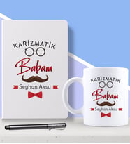 BK Gift Kişiye Özel Karizmatik Babam Tasarımlı Beyaz Defter Kalem ve Kupa Seti-1 (Model 1)