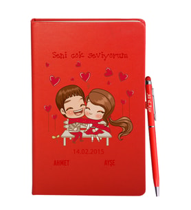 Sevgililer Gününe Özel Kırmızı Defter Kalem Hediye Seti 13