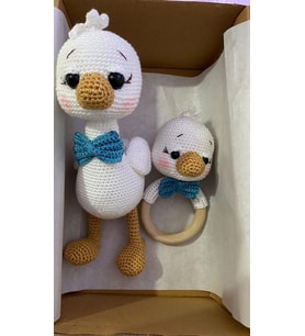 Bay Ördek ve Çıngırak Takımı Amigurumi Organik Oyuncak Hediye Seti