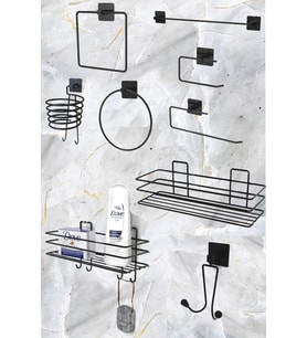 9'lu Set Siyah Fön Makinesi Askısı Havluluk Wc/Tuvalet Kağıtlık Rulo Havluluk Şampunanlık Banyo Set