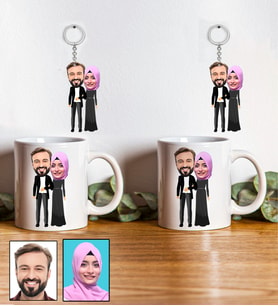 Kişiye Özel Sevgili Tasarımlı Karikatür 2 Adet Kupa Ve Anahtarlık Hediye Seti 96