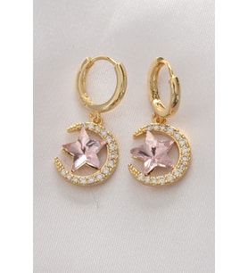 Pirinç Gold Renk Pembe Zirkon Taşlı Yıldız Detay Ay Küpe - TJ-BKP8965