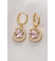 Pirinç Gold Renk Pembe Zirkon Taşlı Yıldız Detay Ay Küpe - TJ-BKP8965