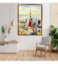 Tablore Japonya Tokyo Kulesi Şehir Manzaralı Suluboya Tablo Gold Çerçeveli Modern Salon Tablosu