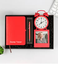 Kişiye Özel Fotoğraflı Çerçeve,Defter,Kalem Ve Masa Saati (Kırmızı)
