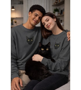 Siyah Kedi Desenli Sevgili Sweatshirt – Unisex Çift Kombini (Gri)