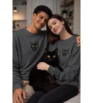 Siyah Kedi Desenli Sevgili Sweatshirt – Unisex Çift Kombini (Gri)