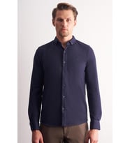 Lacivert Uzun Kol Düğmeli Yaka Kendinden Desenli Pamuklu Slim Fit Gömlek 1004255267