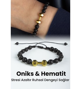 Oniks ve Hematit Doğal Taş Gold Renk Dambıl Kesim Makrome Bileklik