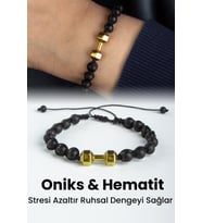 Oniks ve Hematit Doğal Taş Gold Renk Dambıl Kesim Makrome Bileklik