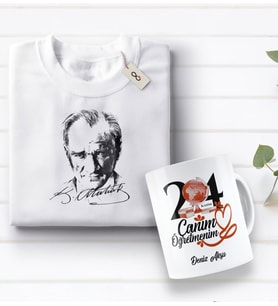 BK Gift Kişiye Özel Öğretmenler Günü Tasarımlı Kupa Bardak ve Atatürk Baskılı Tişört Hediye Seti- 2-14, Öğretmene Hediye, Öğretmenler Günü, 100. Yıl Hediyesi