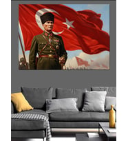 Türk Bayrağı Önünde Atatürk Portresi Dekoratif Kanvas - Mdf Ahşap Tablo