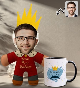 BK Gift Kişiye Özel Fotoğraflı Kral Babam Tasarımlı Bebek Yastık-1 & Siyah Kupa Bardak Hediye Seti-12, Babalar Günü Hediye, Babaya Hediye