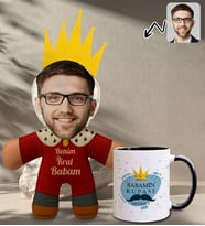 BK Gift Kişiye Özel Fotoğraflı Kral Babam Tasarımlı Bebek Yastık-1 & Siyah Kupa Bardak Hediye Seti-12, Babalar Günü Hediye, Babaya Hediye