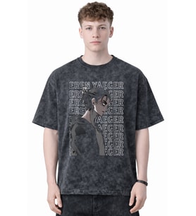 Tasarım Eren Yeager Attack On Titan Anime Baskılı Unisex Oversize Eskitme Yıkamalı Tişört