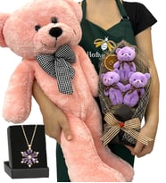 Premium Set - 3'lü Peluş Ayıcık Buketi, Gerçek Ametist Taşlı Lotus Kolye ve Pembe Ayıcık (Model 4)