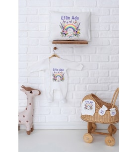 Pia Baby Premium %100 Pamuk İsme Özel Yenidoğan Kız Bebek Tulumlu Hediye Seti 5045-07 (Ekru)