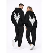Unisex Ejderha Baskılı Beyaz Sevgili Kombini Oversize Hoodie Seti (Siyah)