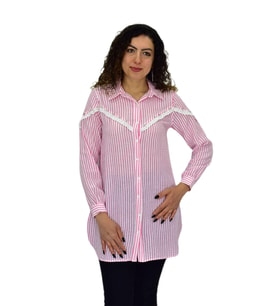Kadın Çizğili Keten Gömlek BGL-ST03706 (Gül Pembe)