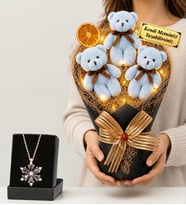 Doğum Günü Hediyesi Kişiye Özel Led Işıklı Peluş Ayıcık Buketi (Mavi) ve Gerçek Ametist Taşlı Lotus Kolye
