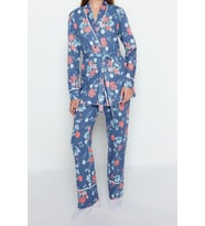 Tarz Rahat Uzun Kollu Boru Paça %100 Pamuk Çiçek Desenli Kruvaze Gömlek-Pantolon Örme Pijama Takımı (Mavi)