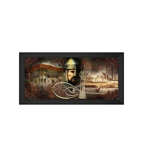 Fatih Sultan Mehmet ve Eski İstanbul Motifli Kanvas Tablo 50 x 70 cm Siyah Çerçeve