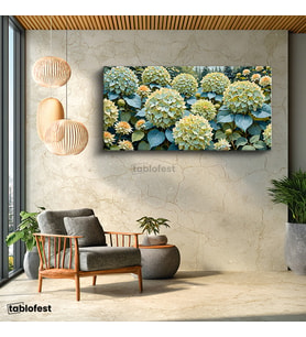 Yatay Panoramik Kanvas Tablo Hortensia Çiçekleri Botanik Tablo Ev Ofis Duvar Dekoru