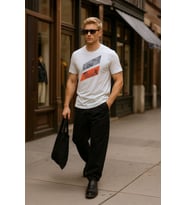 Erkek %100 Pamuk Bisiklet Yaka Baskılı T-shirt (Beyaz)
