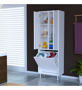 İNCİ 57x165 cm Üç Kapaklı Çok Amaçlı Kirli Çamaşır Dolabı Sepetli Banyo Dolabı
