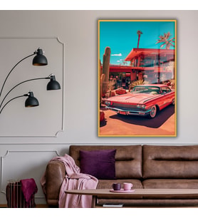 Metal Çerçeveli Temperli Cam Tablo Pembe Klasik Buick İnvicta (Gold)