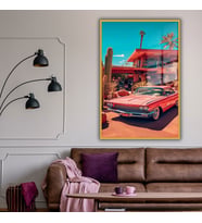 Metal Çerçeveli Temperli Cam Tablo Pembe Klasik Buick İnvicta (Gold)