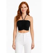 Kadın Siyah Straplez Crop Fit T-Shirt