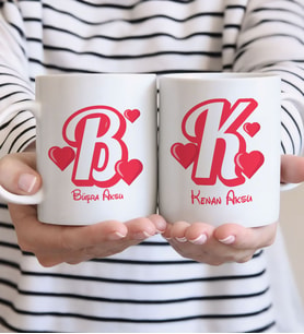 BK Gift Kişiye Özel Kalpli Harf Tasarımlı İkili Beyaz Kupa Bardak